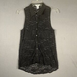Black Lace Button Top‎ Sheer Floral Gothic Y2K Dark Romantic Whimsigoth Size M